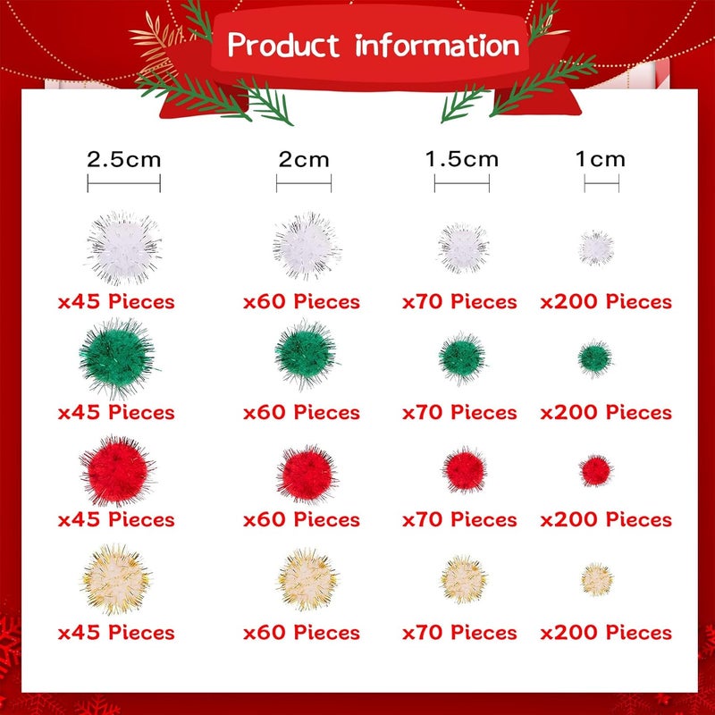 Allruyee 1200 Pieces Christmas Pom Pom Tinsel Glitter Pom Pom Balls for Crafts and Decorations(4 Sizes, Gold, White, Red, Green) - Image 2